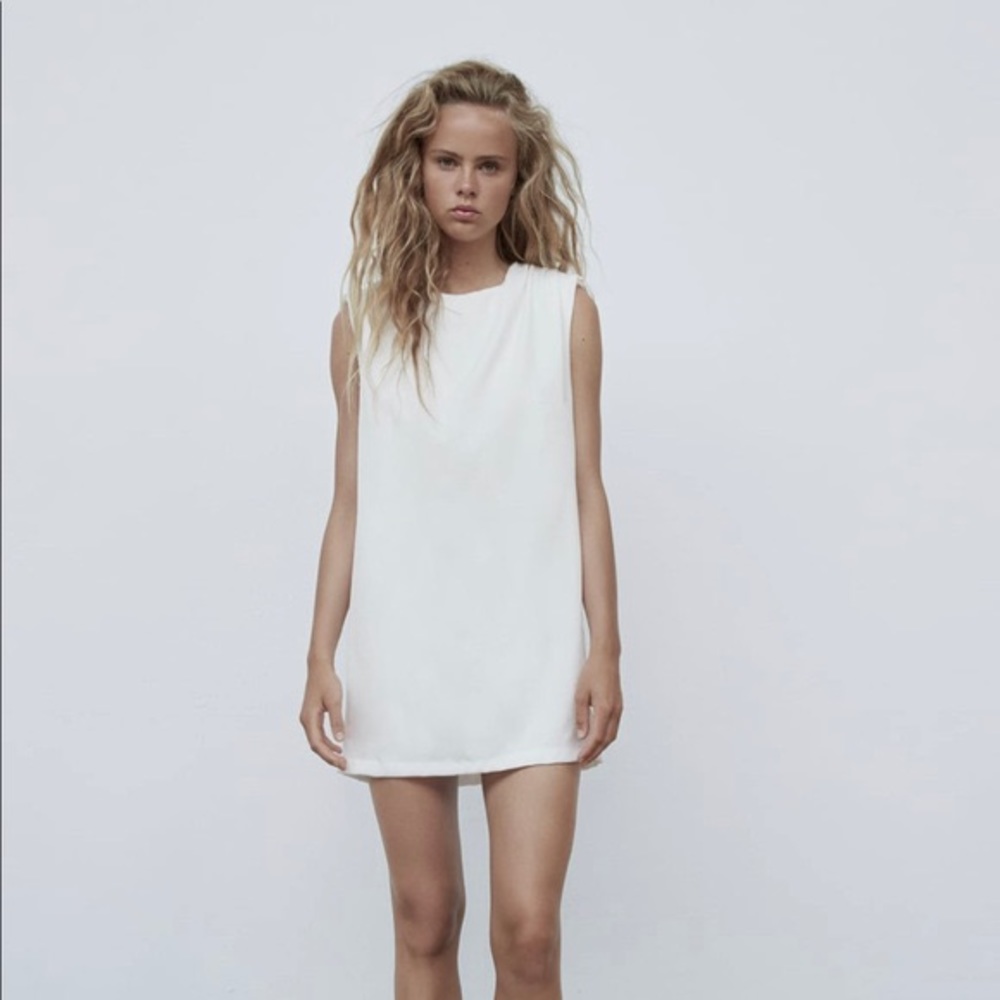Zara White Shoulder Pad Shift Dress NWT